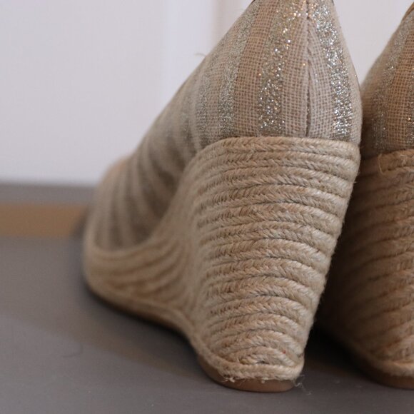 Nine West Sz 10 Espadrille Wedge Silver Metallic Stripe Gold Trim Textile Upper - Picture 11 of 16